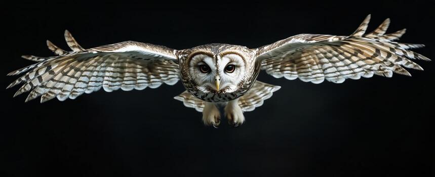 Barreled Owl Spreads Its Wings as It Flies and Hunts in the Early Evening photo