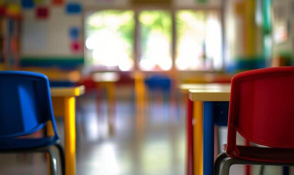 Classroom Interior Shows Empty Desks and Chairs in a Bright Setting photo