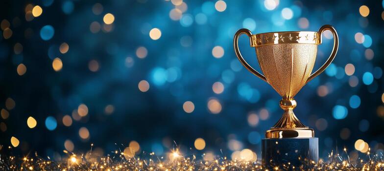 Golden Trophy Stands on a Glittering Surface Against Star Shaped Lights. photo