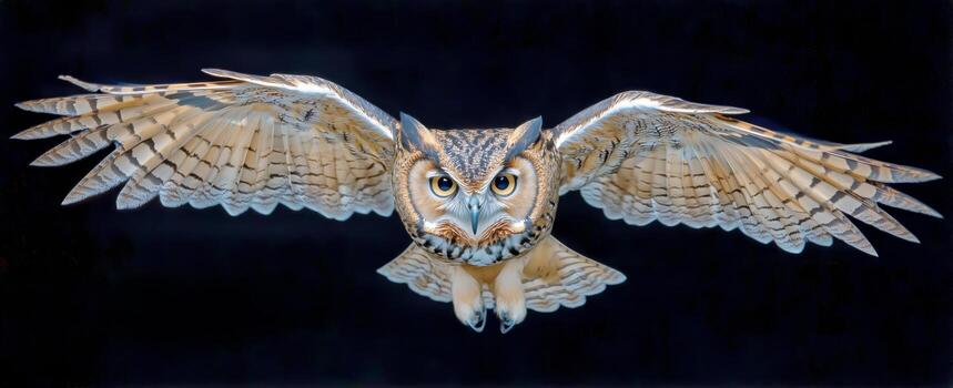 Barreled Owl Spreads Its Wings as It Flies and Hunts in the Early Evening. photo