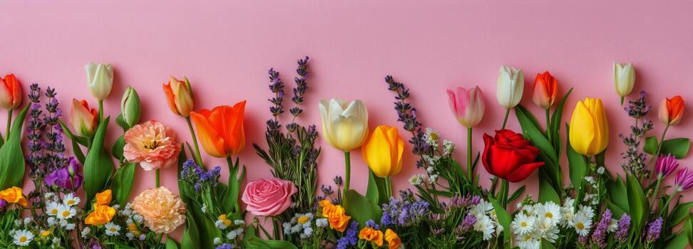 Colorful Springtime Flowers Arranged on a Pink Background Create a Floral Display. photo