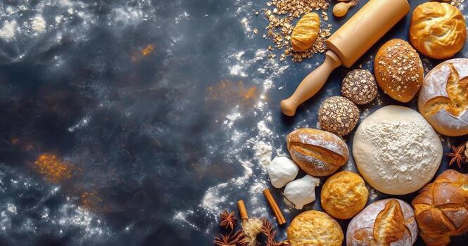 Dark Background With Fresh Bread, Dough, and Rolling Pin for Baking Process. photo