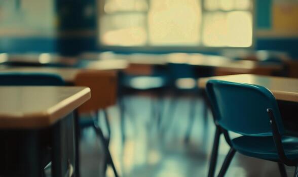 Classroom Environment With Empty Desks and Chairs in the Late Afternoon photo