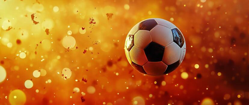 Soccer Ball Surrounded by Dust Against an Orange Background of Bokeh Lights. photo