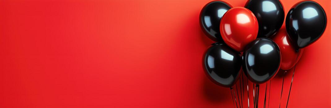 Bunch of Red and Black Balloons on a Solid Red Background for Graphic Usage. photo