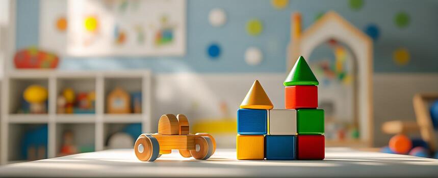 Wooden Toy Car and Colorful Blocks Tower on a Table in Daycare photo