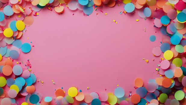 Colorful Confetti Circles Create a Festive Border Around Light Pink Background. photo