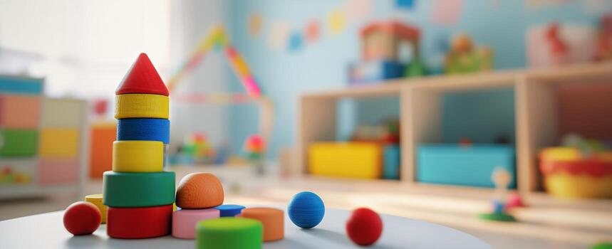 Wooden Toy Car and Colorful Blocks Tower on a Table in Daycare. photo