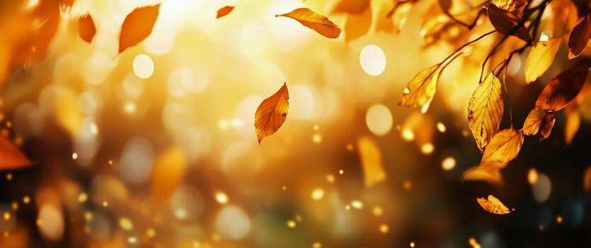 Falling Orange Leaves Float in the Air During Autumn Sunlight, Forest. photo