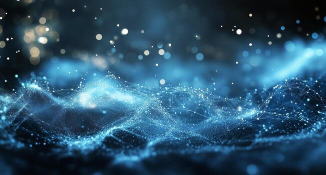 Abstract Blue Waves of Glowing Particles Flowing in the Dark Like a Digital Landscape. photo