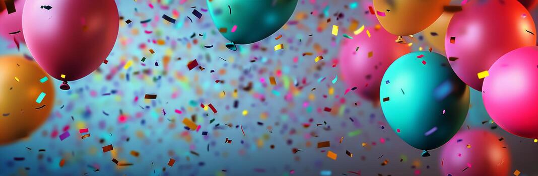 Colorful Balloons and Confetti Floating in Air Creating Festive Atmosphere. photo