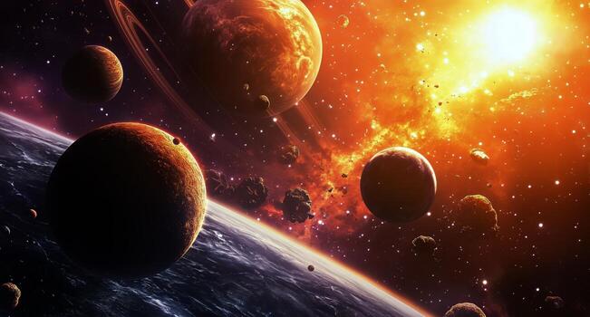 View of Many Planets and Space in a Distant Galaxy During Golden Hour. photo