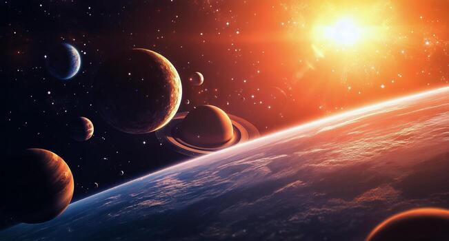 Oranges Hues and Several Planets Among the Stars, Sun and Nebula, in Outer Space photo