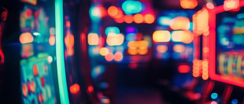 Defocused View of Vibrant Slot Machines at Night in a Casino Setting photo