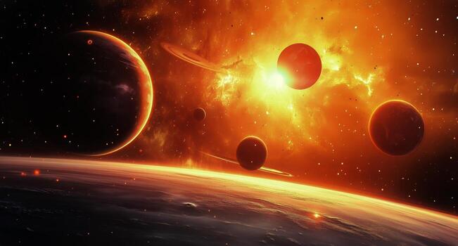 Oranges Hues and Several Planets Among the Stars, Sun and Nebula, in Outer Space. photo