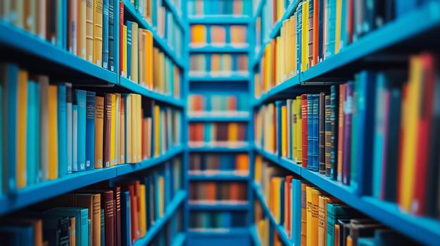 Library With Rows of Bookshelves Filled With Various Colored Hardback Books photo