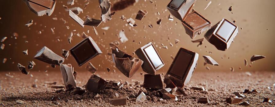 Dark Chocolate Chunks and Powder Explode in Air on Brown Background During the Day photo