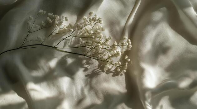 Babys Breath Flower on Ivory Silk Fabric Creating a Soft Light and Shadow Effect photo