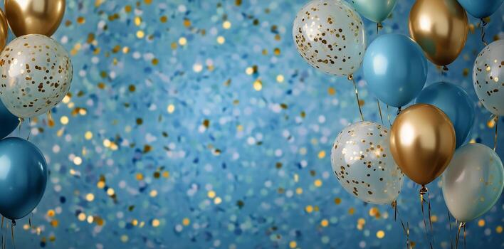 Balloons Float Among Falling Confetti With a Gradient Blue Background for a Celebration. photo