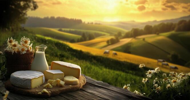 Rural Landscape With Assorted Cheeses, Milk, and Herd of Cattle in Green Fields. photo