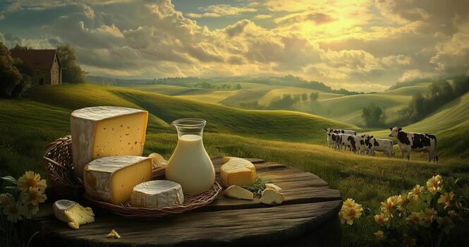 Rural Landscape With Assorted Cheeses, Milk, and Herd of Cattle in Green Fields photo