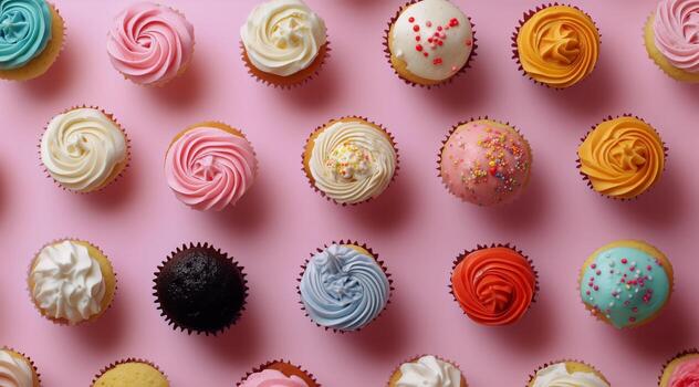 Assorted Cupcakes With Frosting and Sprinkles Arranged on a Pink Background photo