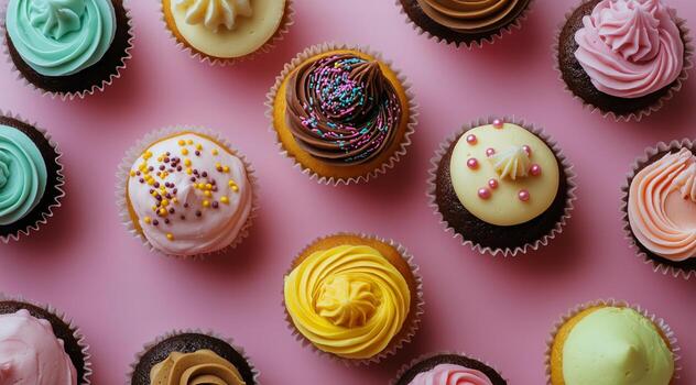 Assorted Cupcakes With Frosting and Sprinkles Arranged on a Pink Background. photo