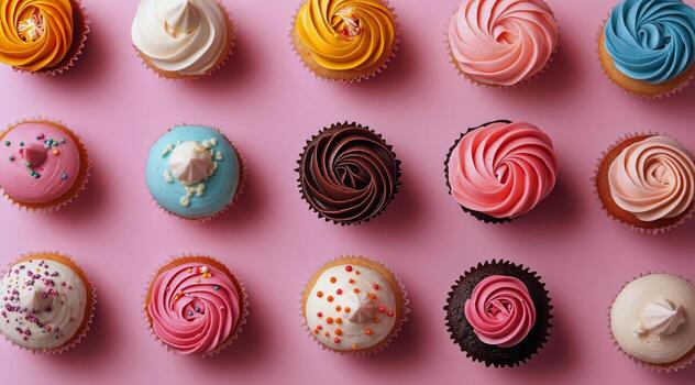 Arrangement of Colorful Cupcakes With Frosting on a Pink Surface Creates a Sweet Treat photo