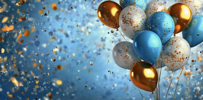 Balloons Float Among Falling Confetti With a Gradient Blue Background for a Celebration photo