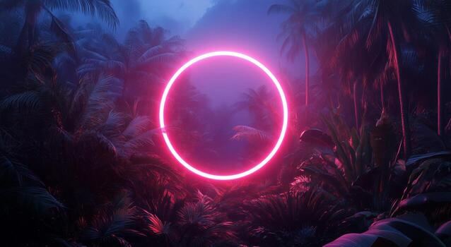 Neon Circle Glows in Dark Mysterious Jungle, Surrounded by Palm Trees at Night photo