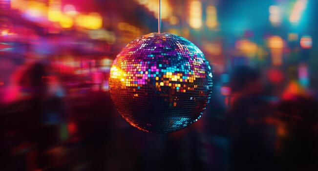 Disco Ball Hanging in Club Reflects Colorful Lights, Creating Vibrant Atmosphere photo
