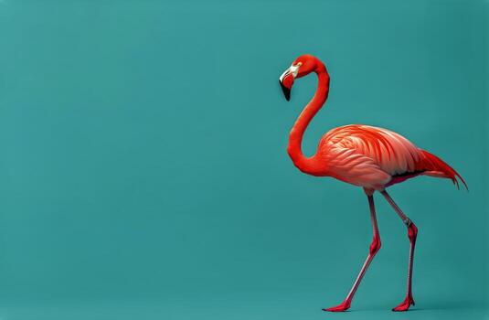 Pink Flamingo Standing Gracefully Against Solid Turquoise Color Background photo