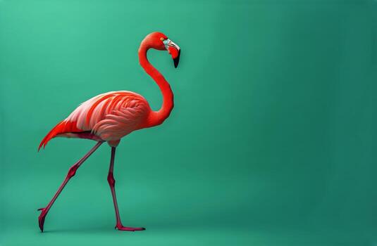 Pink Flamingo Gracefully Walks Across a Vibrant Teal Background Studio Setting photo
