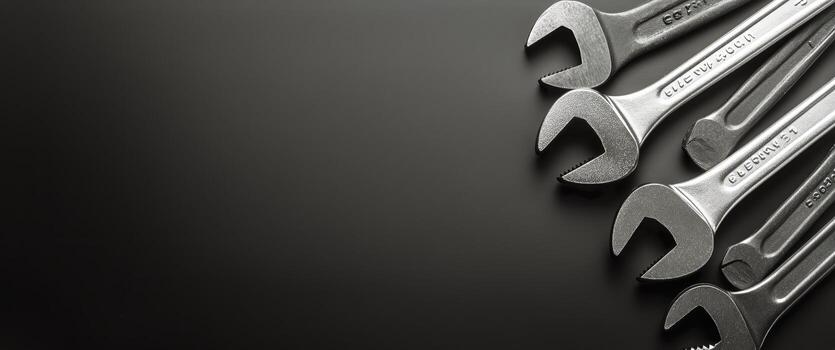Collection of Open End Silver Wrenches Sit on Dark Background in a Studio photo
