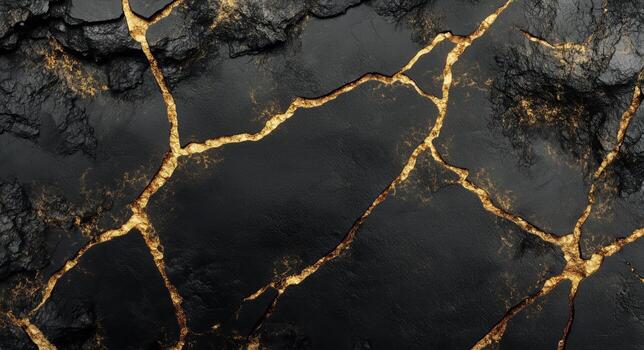 Black Surface is Cracked and Repaired With Gold Lines, Similar to Kintsugi Pottery. photo
