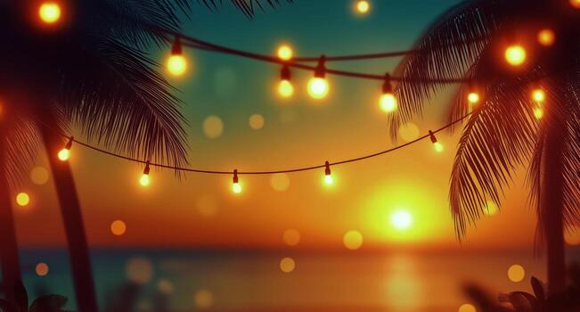 Tropical Sunset With String Lights Illuminating Palm Trees at the Beach photo