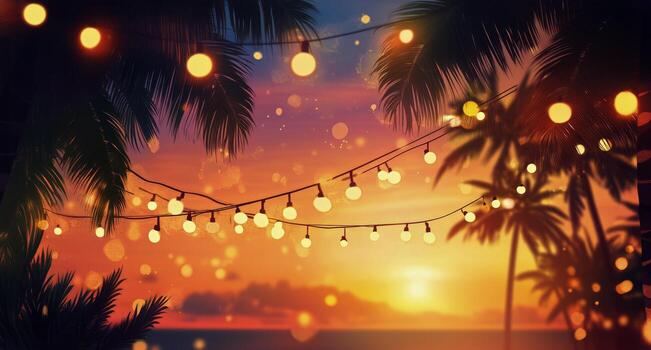 Tropical Sunset Beach Scene With Lights and Palm Trees Creating Relaxing Atmosphere photo