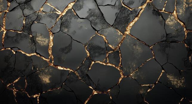 Black Surface With Golden Cracks Displaying the Japanese Art of Kintsugi. photo