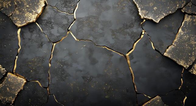 Black Surface is Cracked and Repaired With Gold Lines, Similar to Kintsugi Pottery photo
