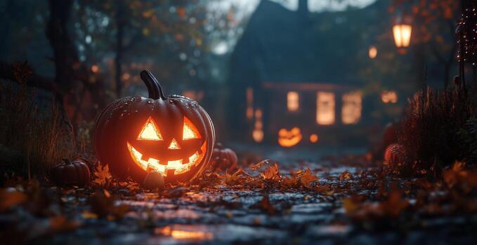 Lit Jack O Lantern Sits on a Cobblestone Path on a Foggy Halloween Night. photo