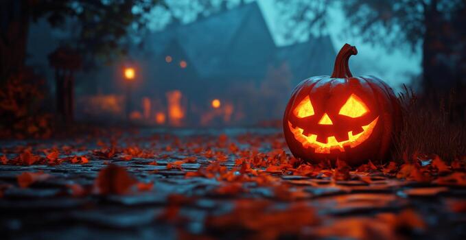 Lit Jack O Lantern Sits on a Cobblestone Path on a Foggy Halloween Night photo