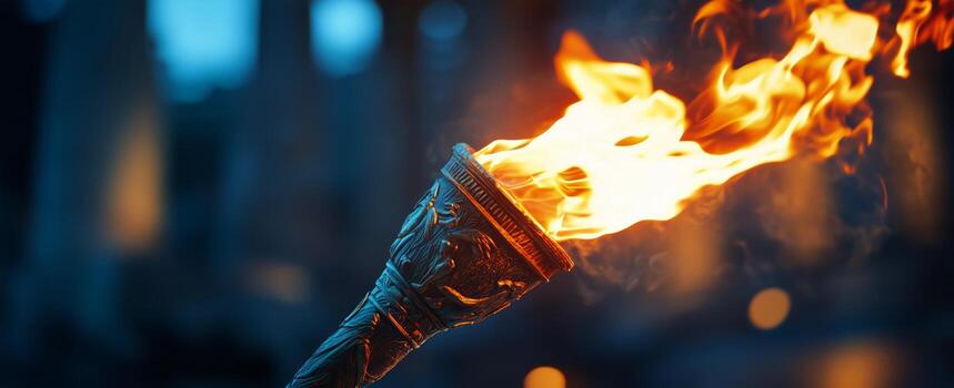 Burning Torch Brightens the Night at a Medieval Festival, Flickering Dramatically photo