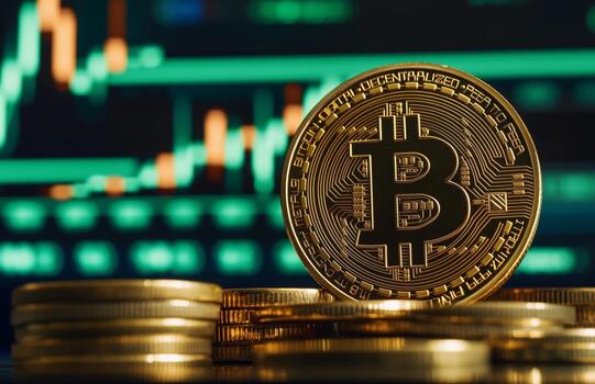 Bitcoin Coin Stacked With Digital Trading Chart in Background Showcasing Market Fluctuations photo