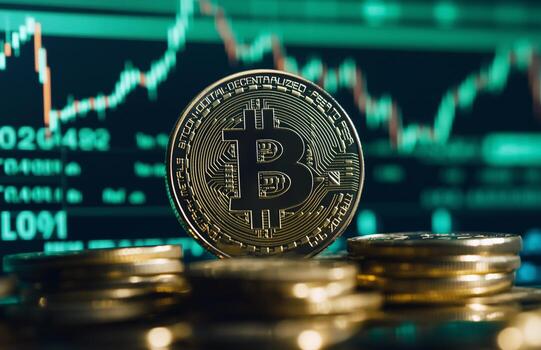 Bitcoin Coin Displayed With Financial Graphs Illustrating Market Trends and Trading Data photo