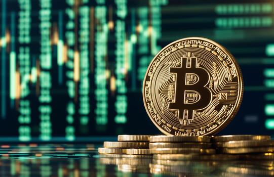 Bitcoin Coin Displayed With Financial Graphs Illustrating Market Trends and Trading Data. photo