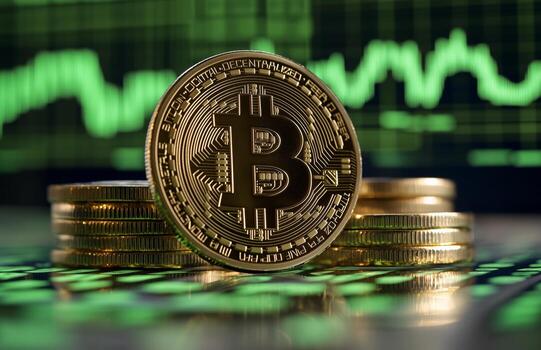 Bitcoin Coin Stacked With Digital Trading Chart in Background Showcasing Market Fluctuations. photo