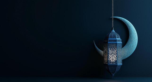Decorative Lantern Illuminated Beside Crescent Moon on Dark Background Showcasing Cultural Design Elements photo
