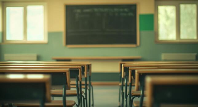 Empty Classroom With Wooden Desks and Blackboard in a Tranquil Educational Setting. photo