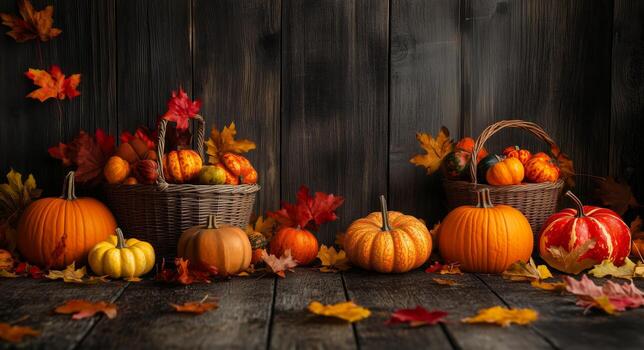 Autumn Harvest Display Featuring Pumpkins and Vibrant Fall Leaves in a Rustic Setting. photo