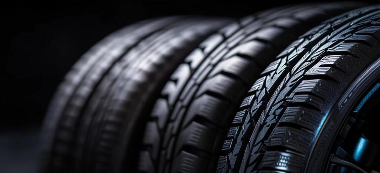 New Tires Displayed in a Showroom Highlighting Tread Patterns and Quality. photo